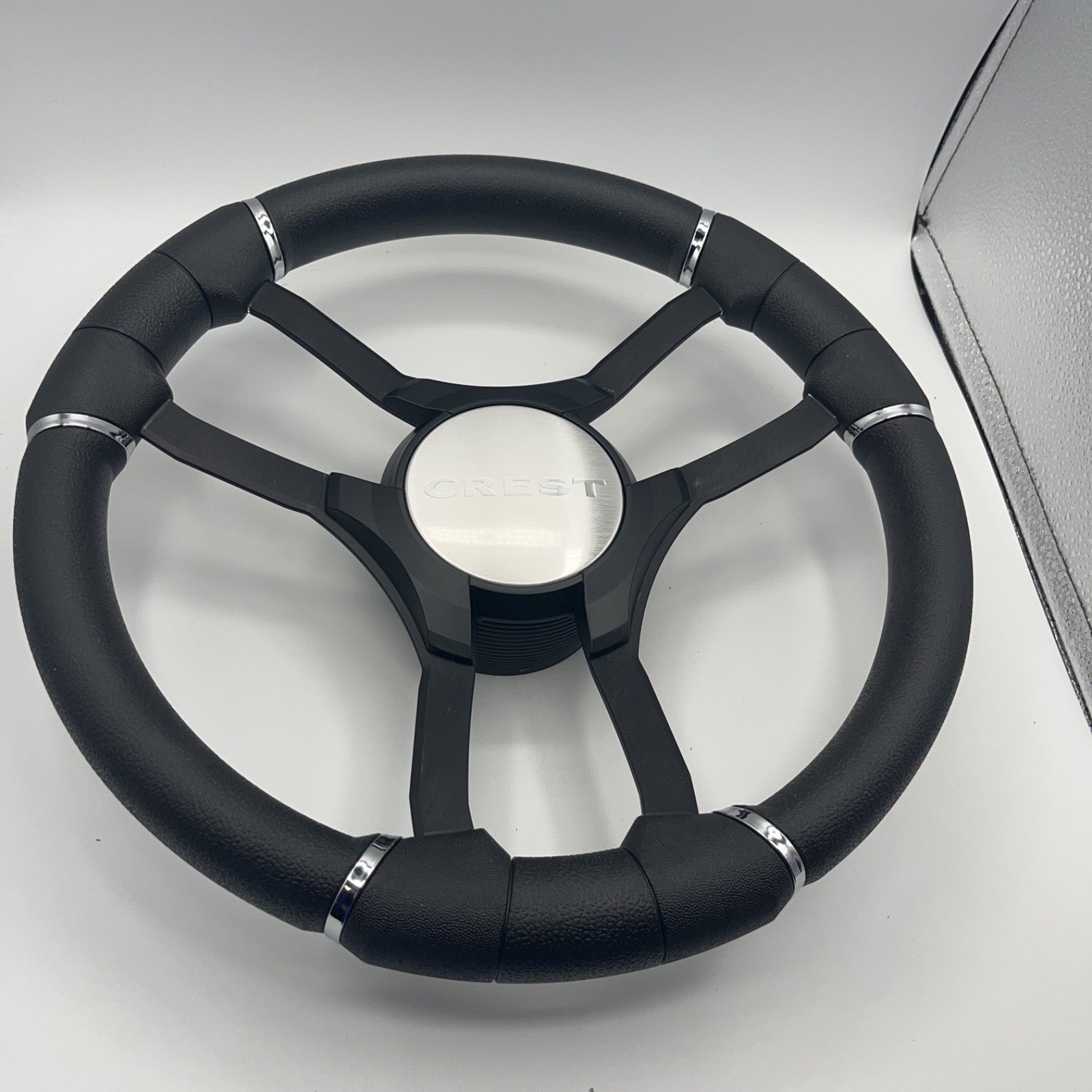 Malera Boat Steering Wheel Black Aluminum Spokes | Black Crest Boats Logo