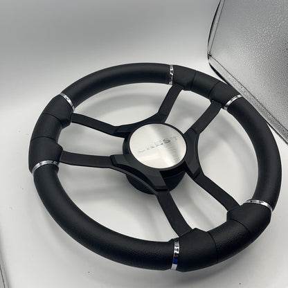 Malera Boat Steering Wheel Black Aluminum Spokes | Black Crest Boats Logo