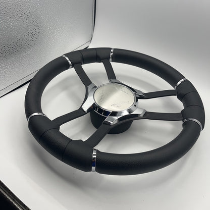 Malera Boat Steering Wheel Black Aluminum Spokes | Chrome-Style Sunchaser Logo