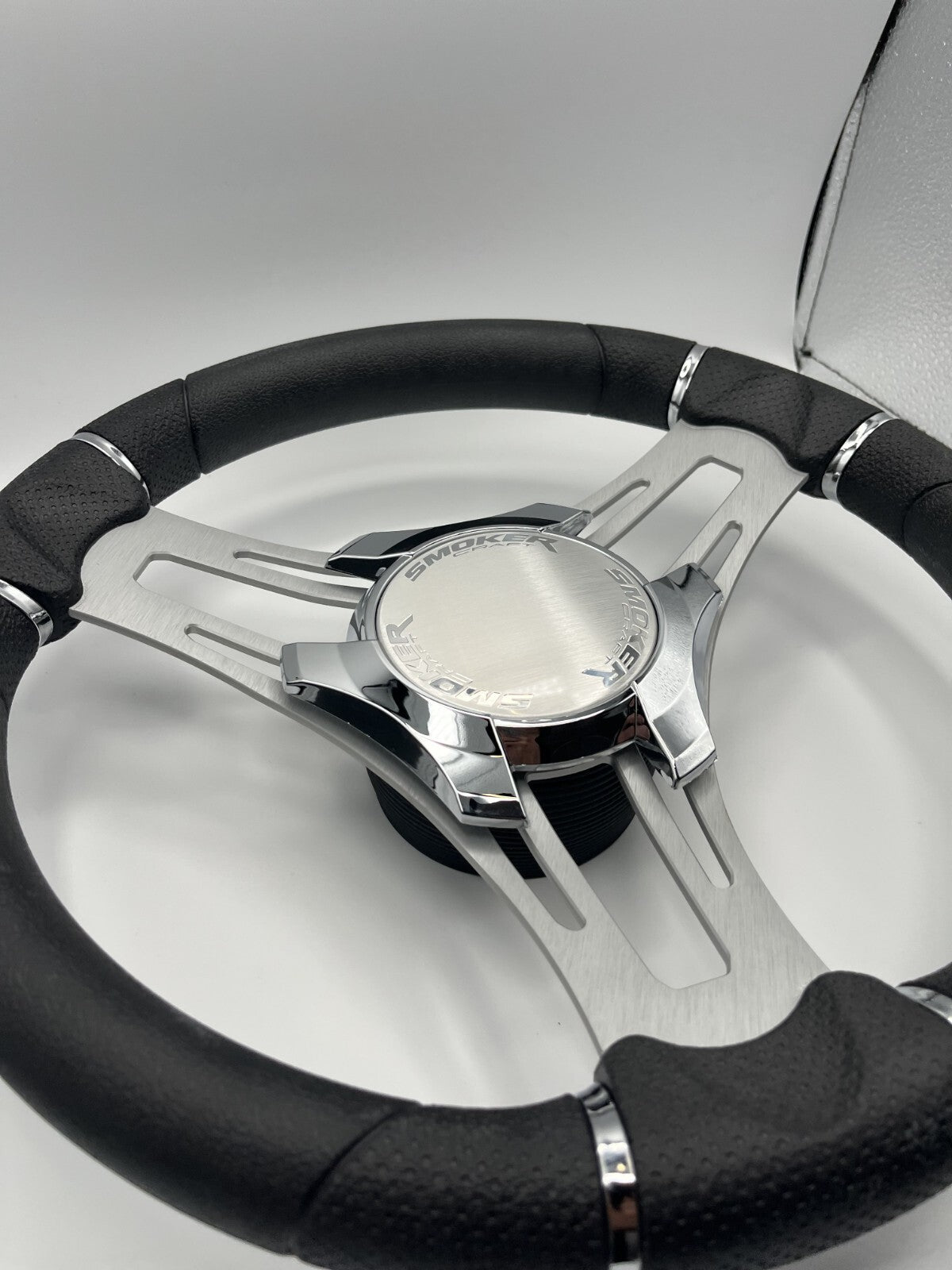 Verona Boat Steering Wheel Gray Brushed Aluminum Spokes | Smoker Logo