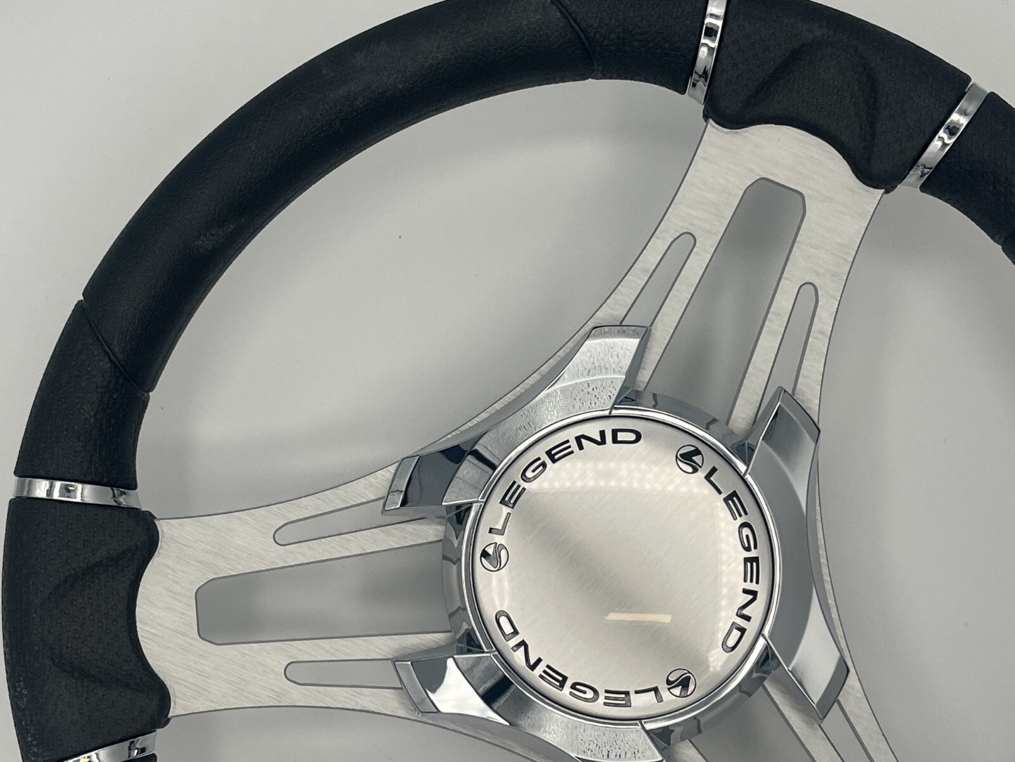 Verona Boat Steering Wheel Gray Brushed Aluminum Spokes | Legend Boats Logo