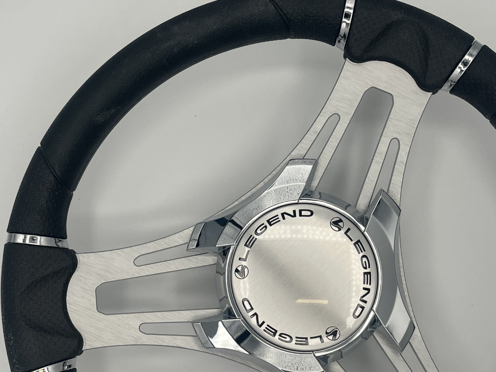 Verona Boat Steering Wheel Gray Brushed Aluminum Spokes | Legend Boats Logo