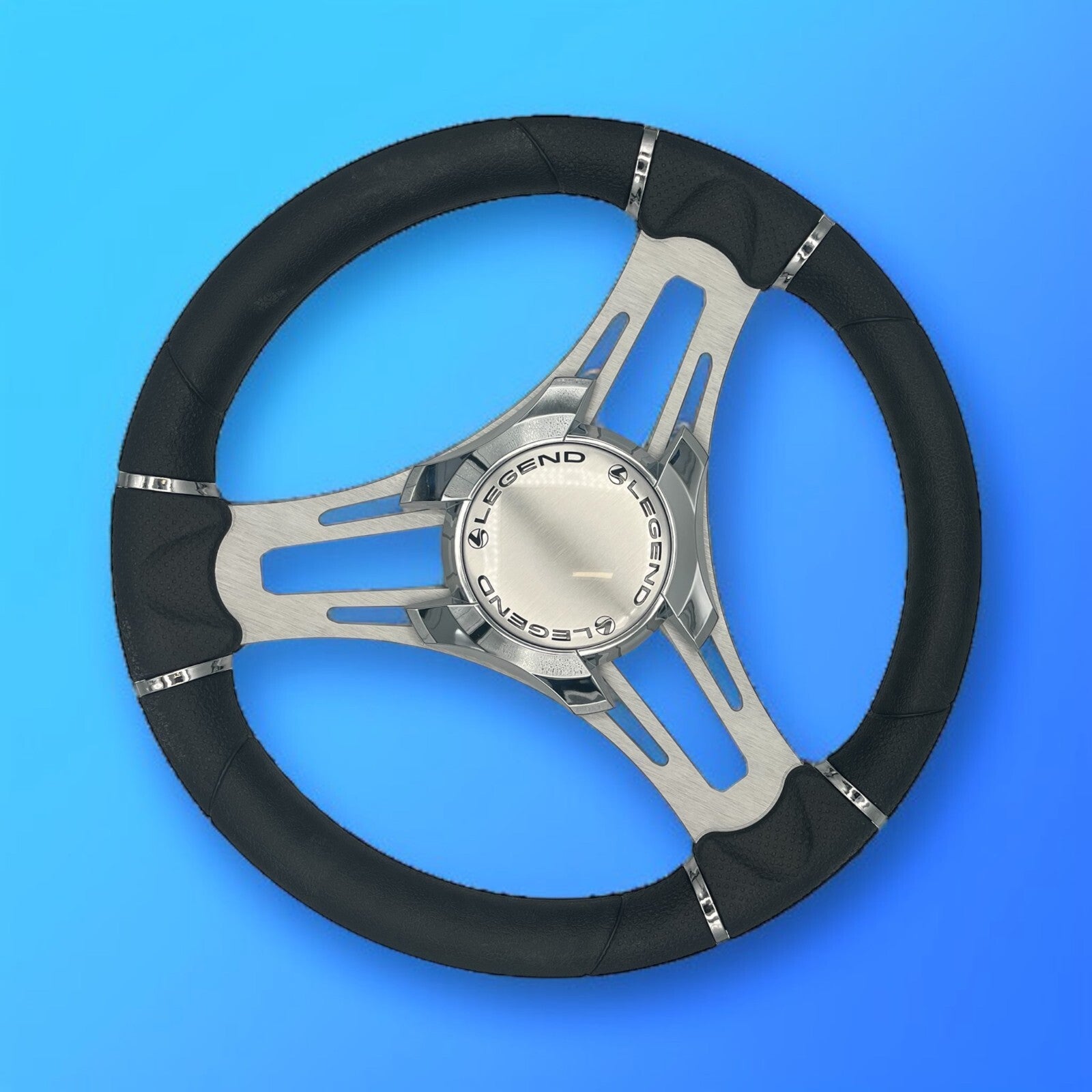 Verona Boat Steering Wheel Gray Brushed Aluminum Spokes | Legend Boats Logo