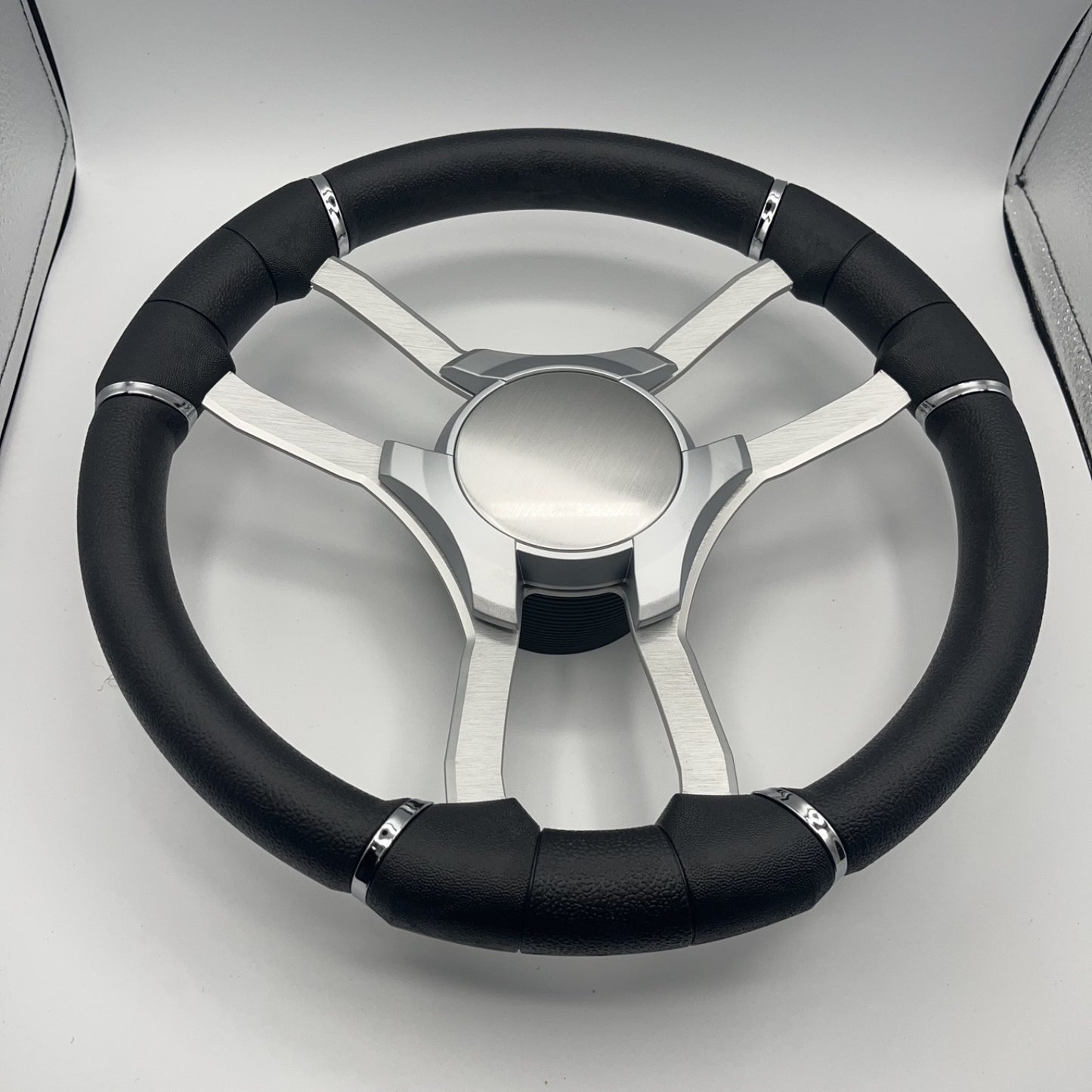 Malera Boat Steering Wheel Brushed Alum Spoke | Silver Plain Center Cap