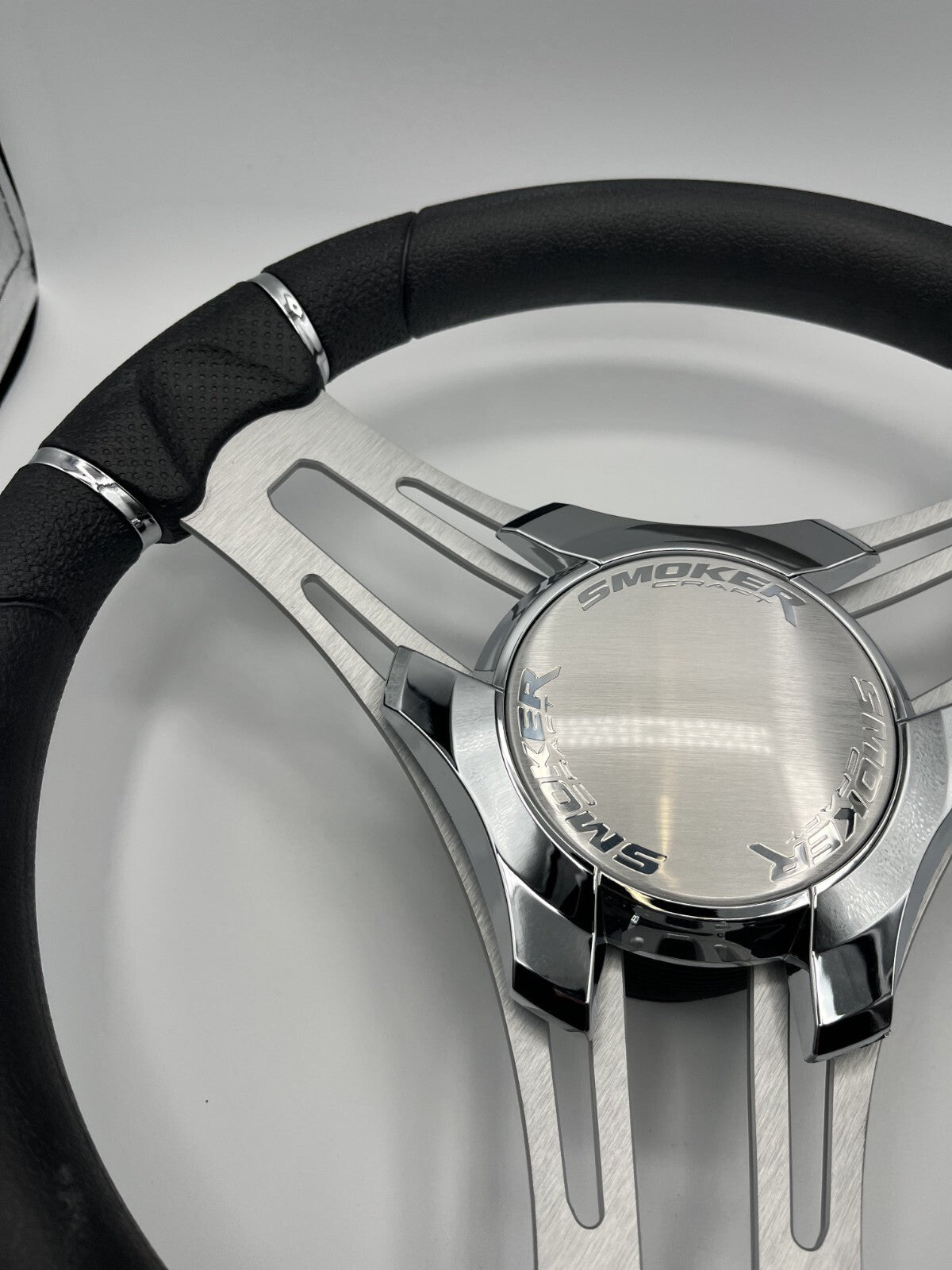 Verona Boat Steering Wheel Gray Brushed Aluminum Spokes | Smoker Logo