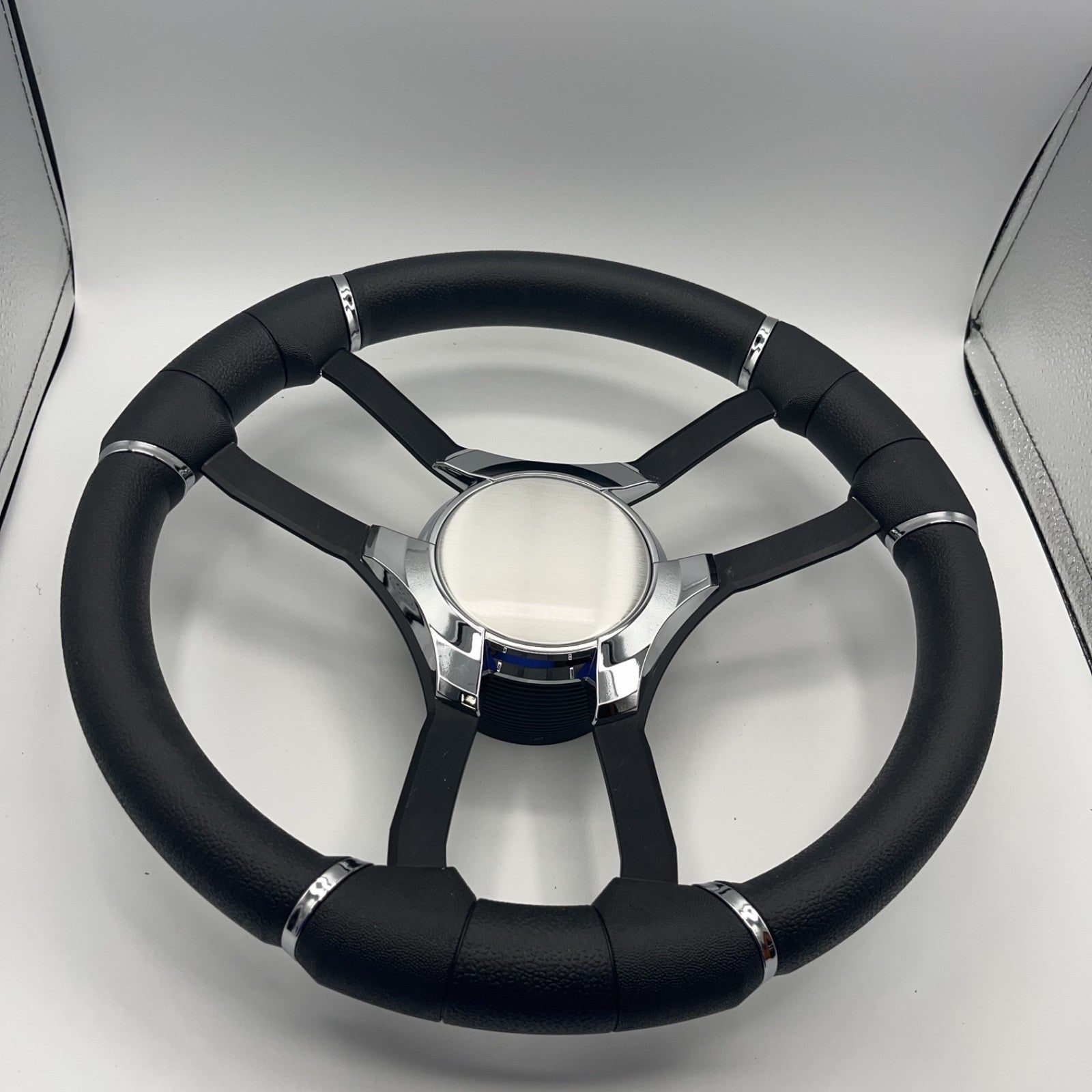 Malera Boat Steering Wheel Black Aluminum Spokes | Chrome Plain
