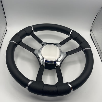 Malera Boat Steering Wheel Black Aluminum Spokes | Chrome Plain