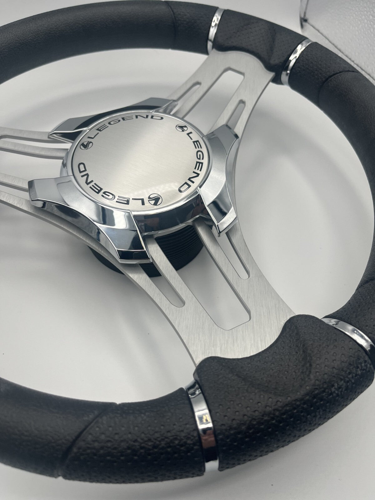 Verona Boat Steering Wheel Gray Brushed Aluminum Spokes | Legend Boats Logo