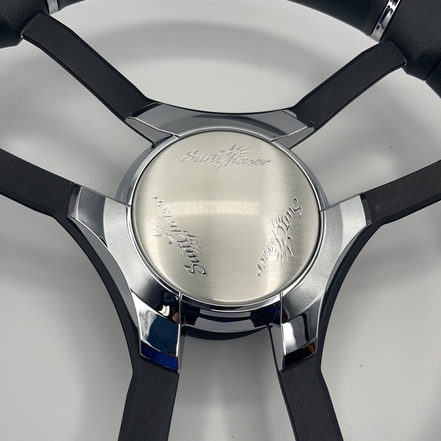 Malera Boat Steering Wheel Black Aluminum Spokes | Chrome-Style Sunchaser Logo