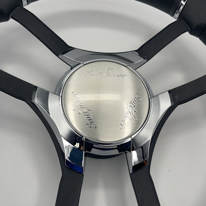 Malera Boat Steering Wheel Black Aluminum Spokes | Chrome-Style Sunchaser Logo