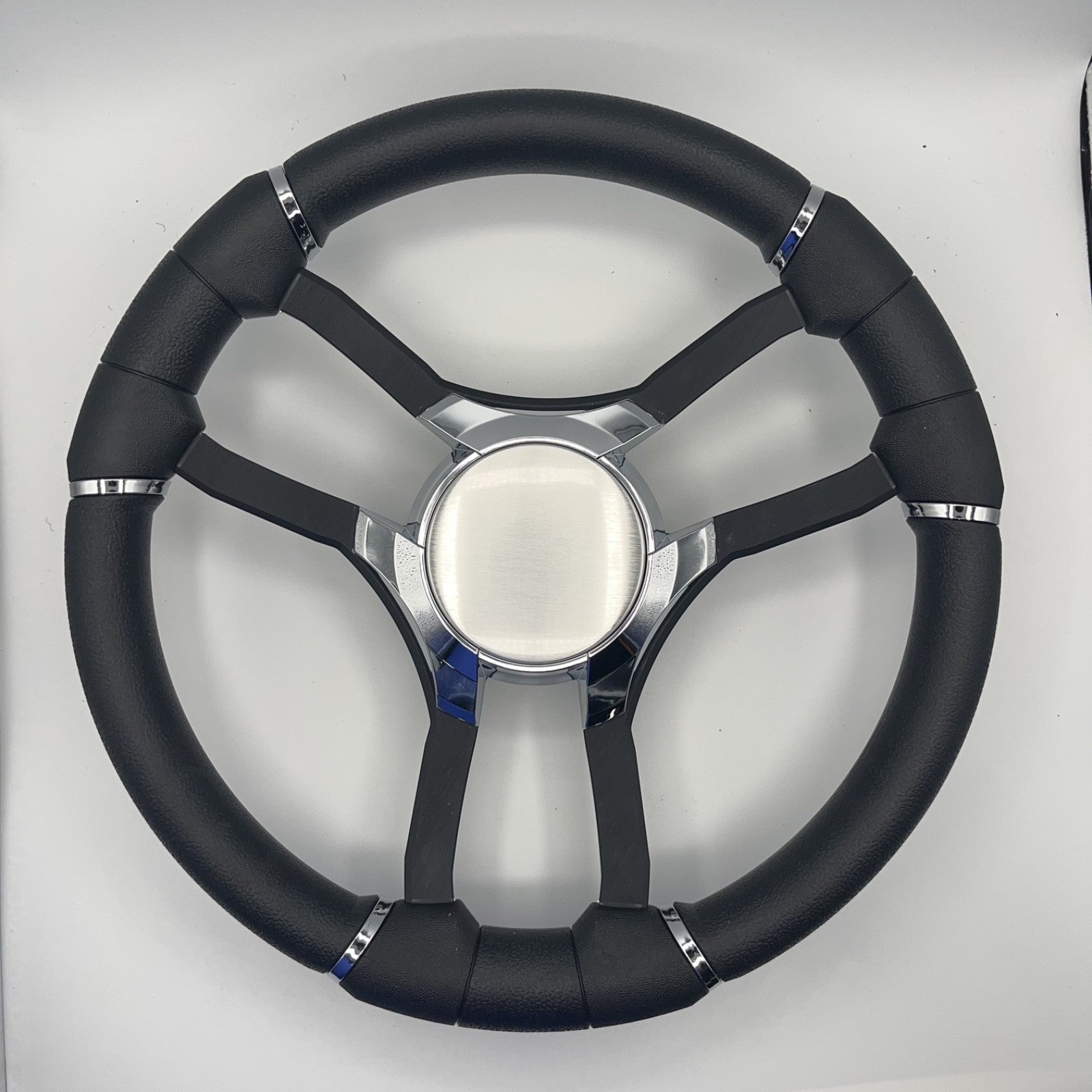 Malera Boat Steering Wheel Black Aluminum Spokes | Chrome Plain