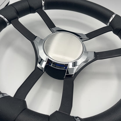 Malera Boat Steering Wheel Black Aluminum Spokes | Chrome Plain