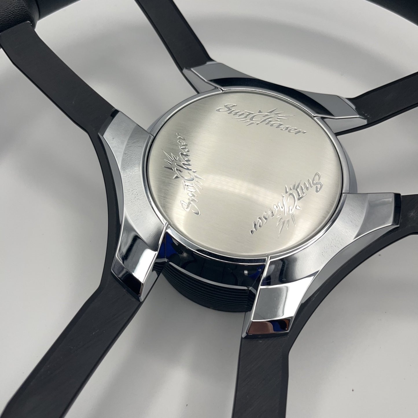 Malera Boat Steering Wheel Black Aluminum Spokes | Chrome-Style Sunchaser Logo