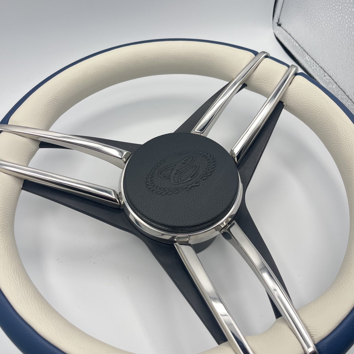 Cobalt Boat Steering Wheel Stainless Steel Spoke Blue Leather Rim | Cobalt Logo