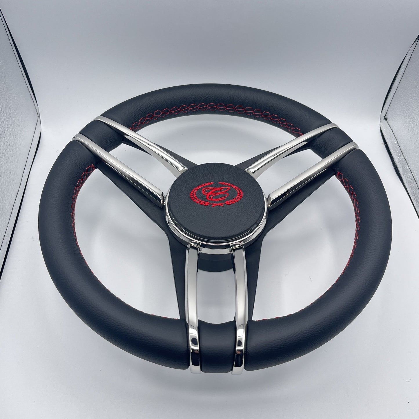 Cobalt Boat Steering Wheel Stainless Steel Spoke Leather Rim | Cobalt Boats Logo