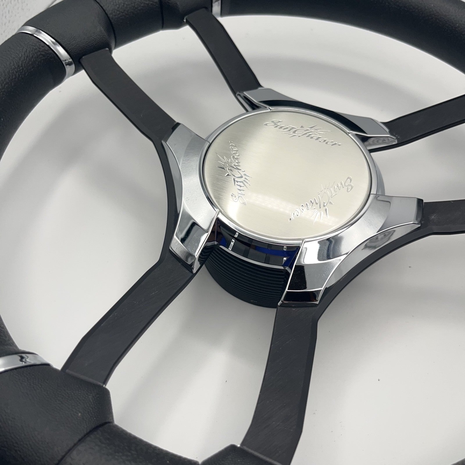 Malera Boat Steering Wheel Black Aluminum Spokes | Chrome-Style Sunchaser Logo