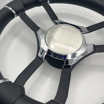 Malera Boat Steering Wheel Black Aluminum Spokes | Chrome-Style Sunchaser Logo