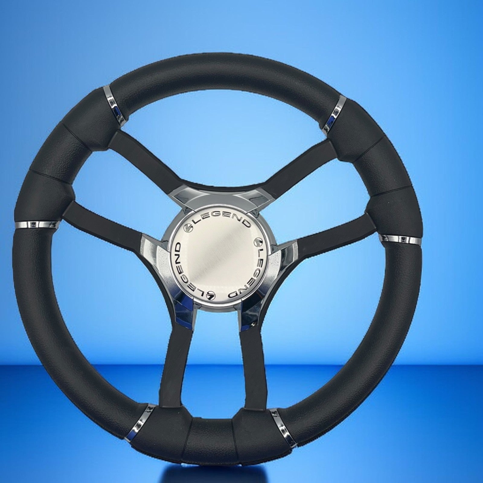 Malera Boat Steering Wheel Black Aluminum Spokes | Chrome-Style Legend Logo
