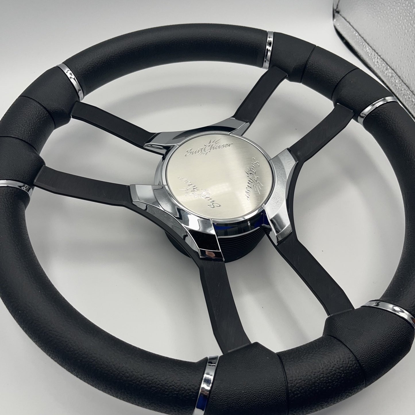 Malera Boat Steering Wheel Black Aluminum Spokes | Chrome-Style Sunchaser Logo