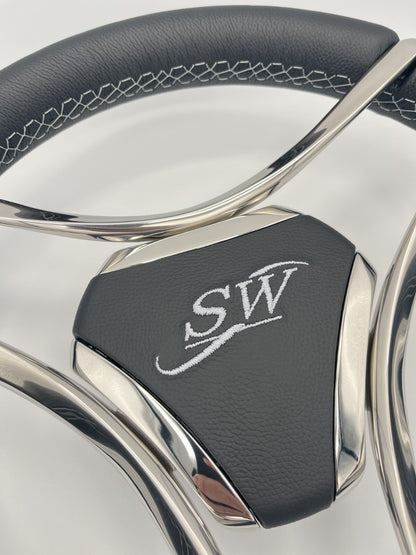 Lora Boat Steering Wheel Stainless Steel Spokes | Silver Wave Boat Logo
