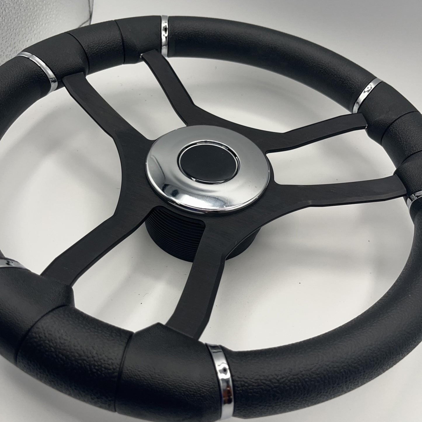 Malera Boat Steering Wheel Black Aluminum Spokes | Chrome-style Dome