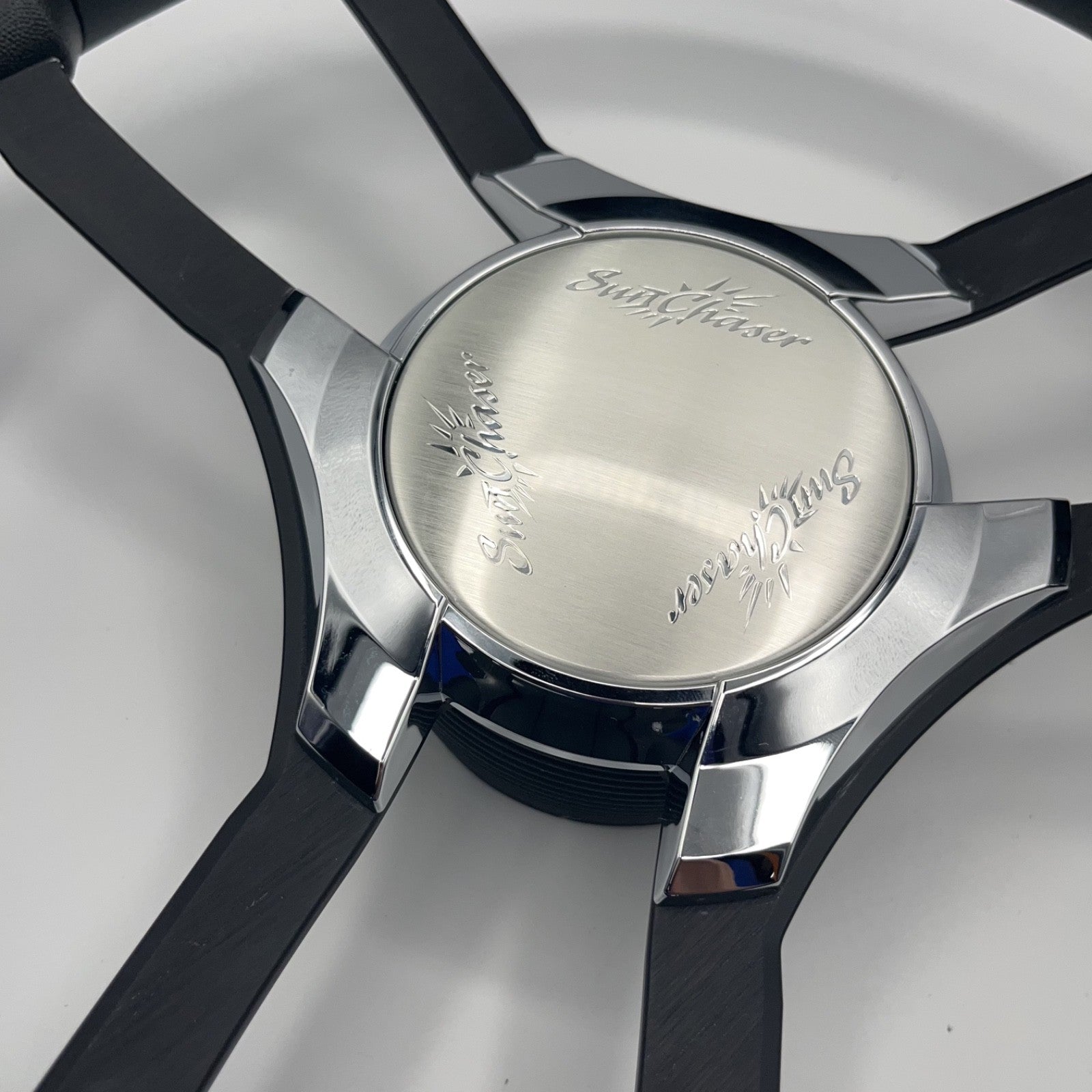 Malera Boat Steering Wheel Black Aluminum Spokes | Chrome-Style Sunchaser Logo