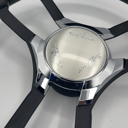 Malera Boat Steering Wheel Black Aluminum Spokes | Chrome-Style Sunchaser Logo