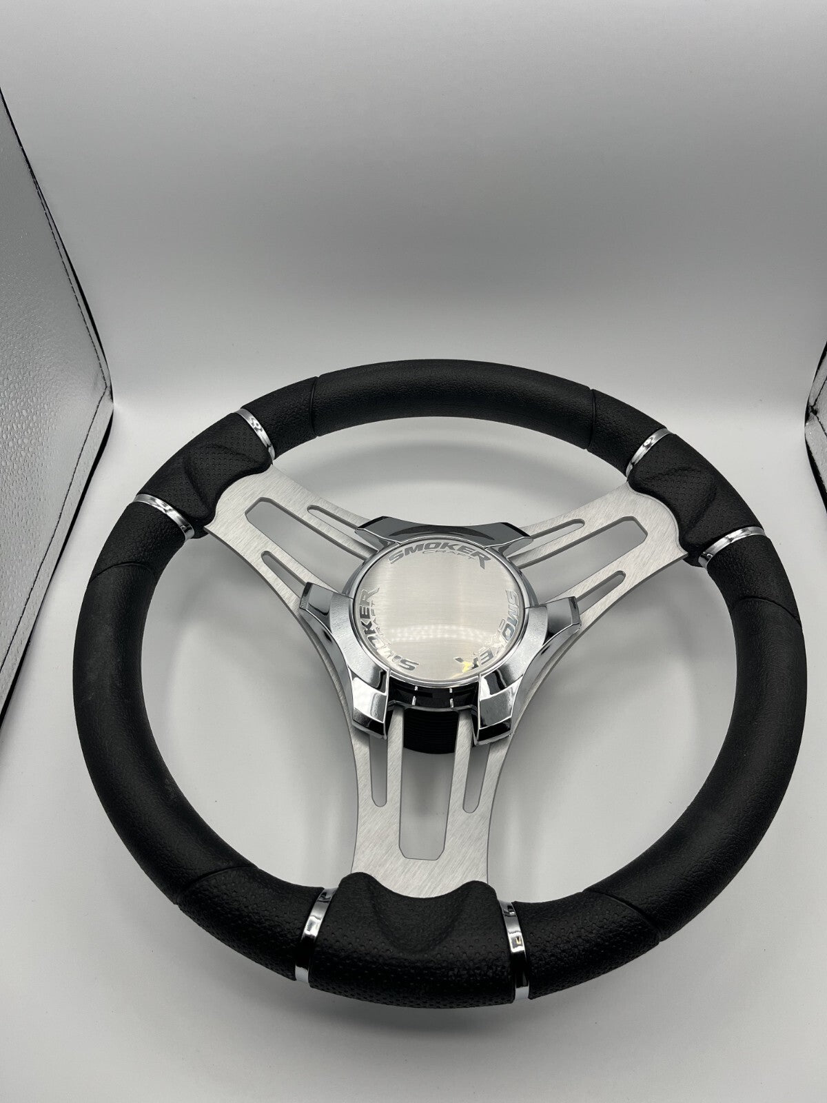 Verona Boat Steering Wheel Gray Brushed Aluminum Spokes | Smoker Logo