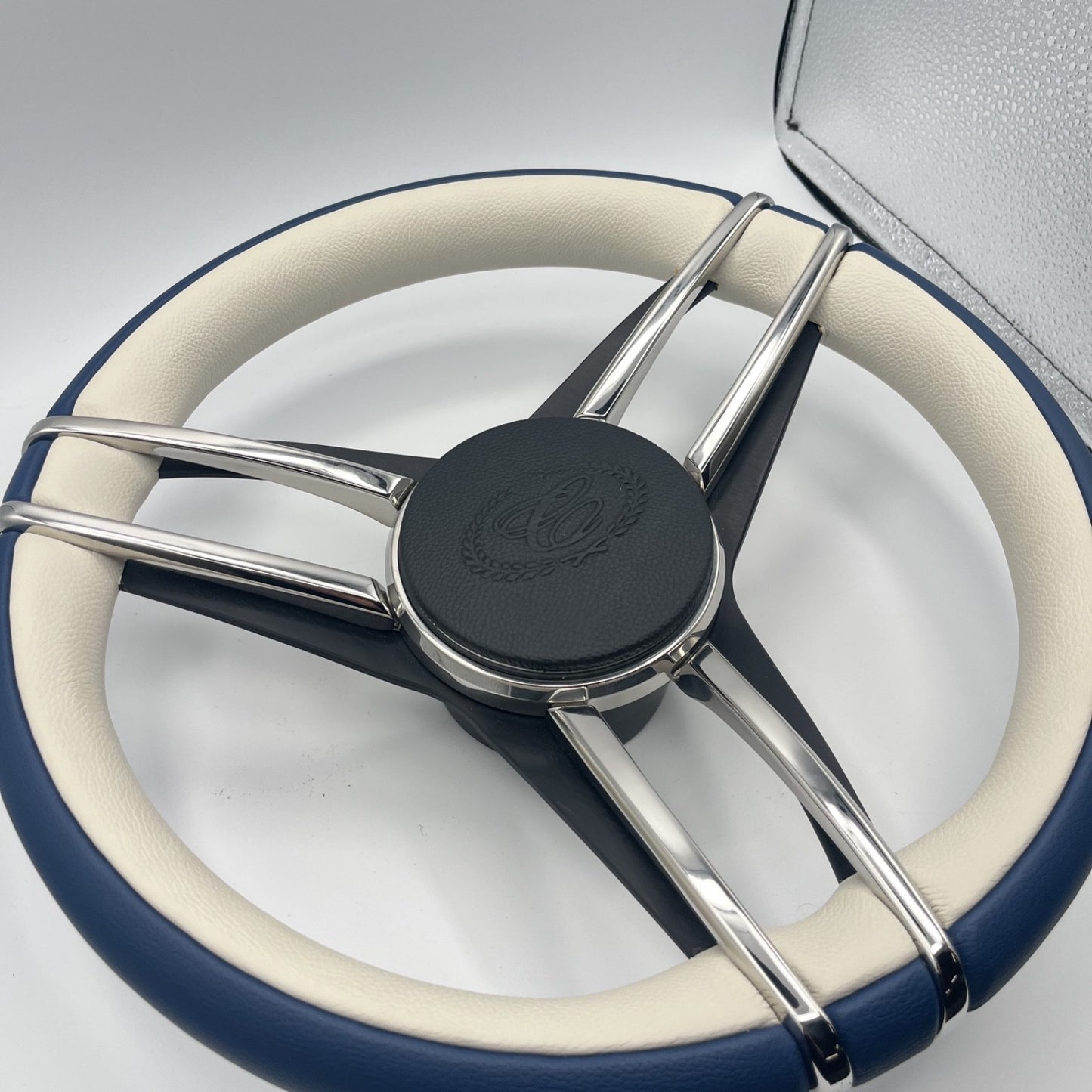 Cobalt Boat Steering Wheel Stainless Steel Spoke Blue Leather Rim | Cobalt Logo