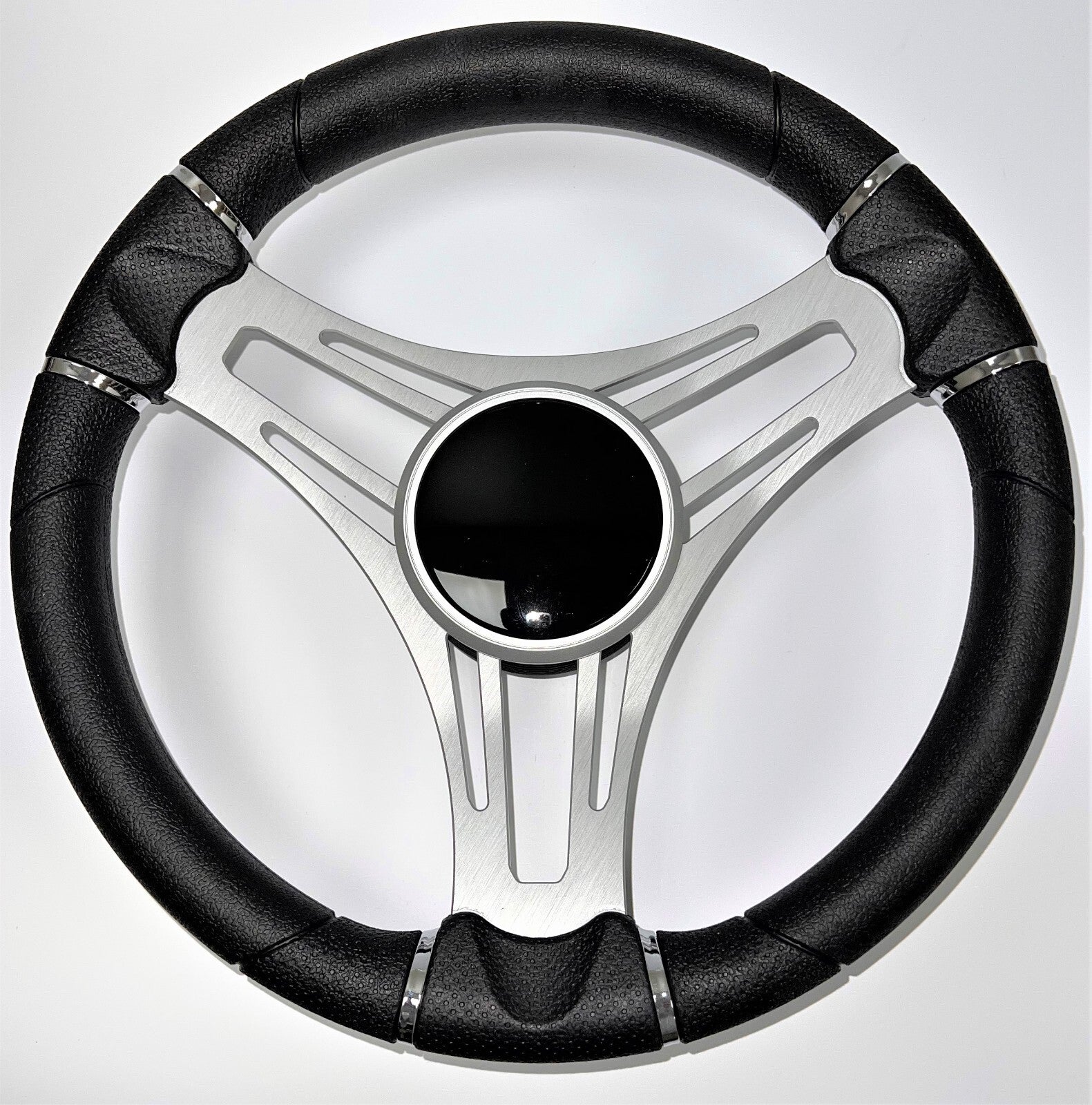 New Gussi Italia Boat Steering Wheel Gray Brushed Aluminum Spokes | Black Dome