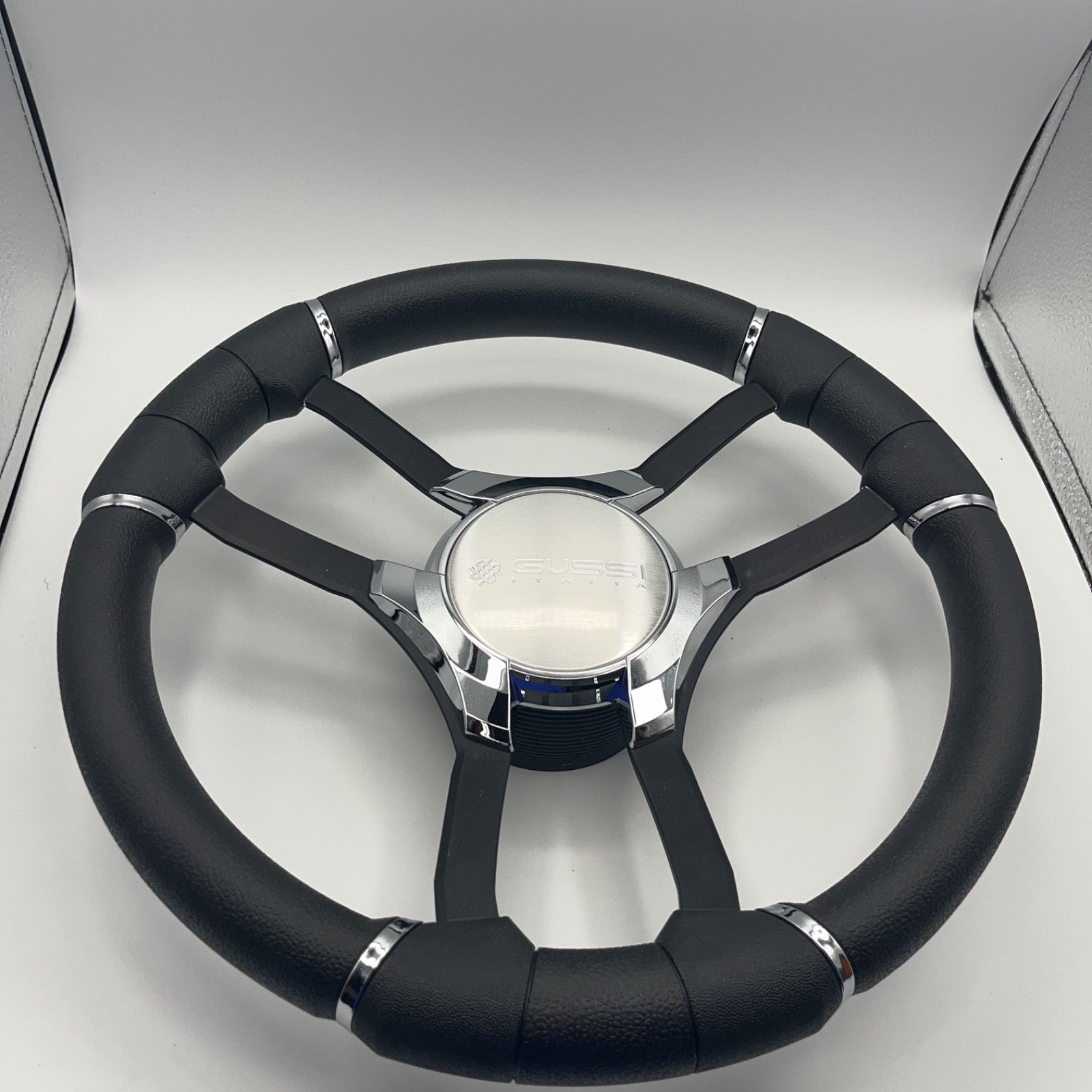 Malera Boat Steering Wheel Black Aluminum Spokes | Gussi Italia Logo