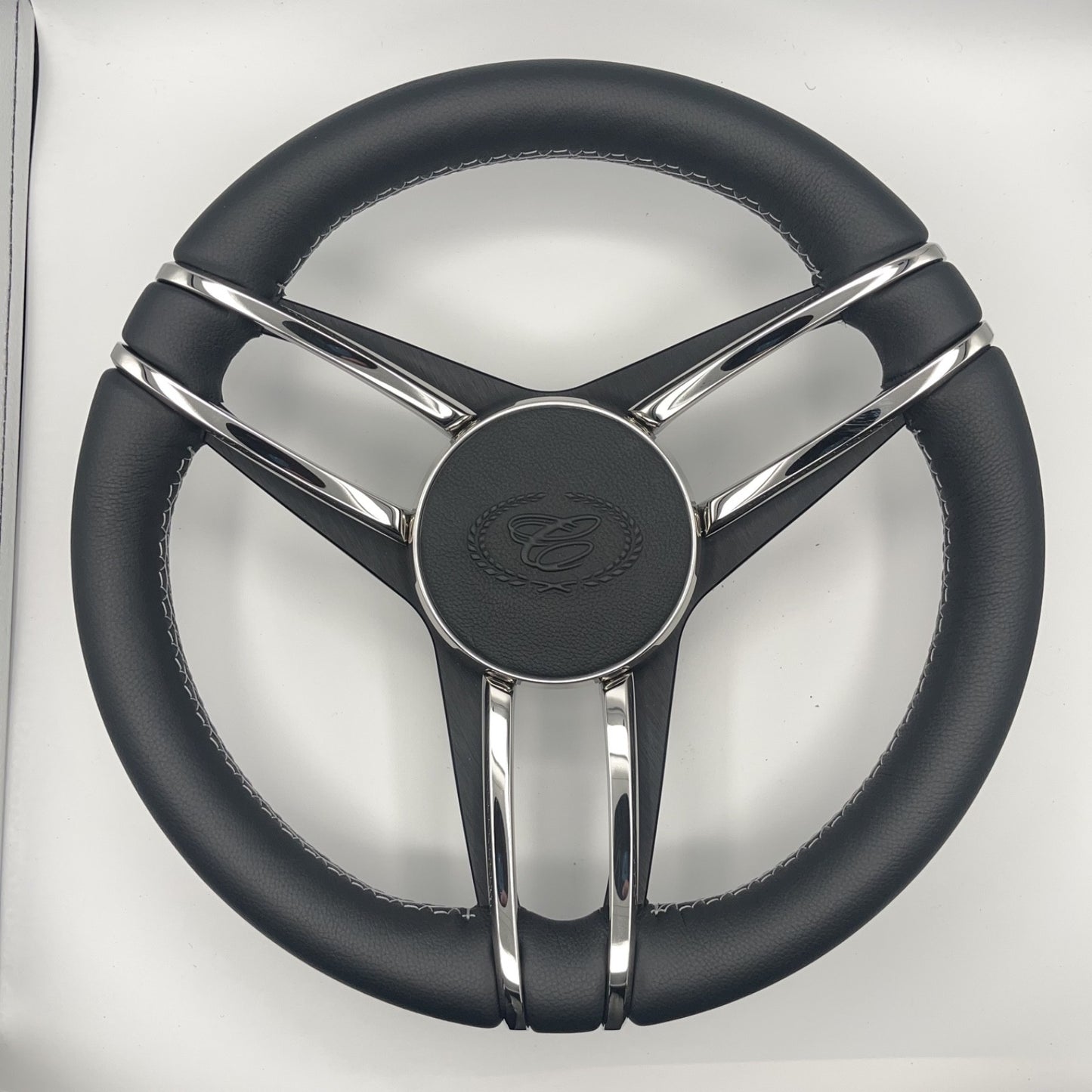 Cobalt Boat Steering Wheel Stainless Steel Spoke Leather Rim | Cobalt Boats Logo
