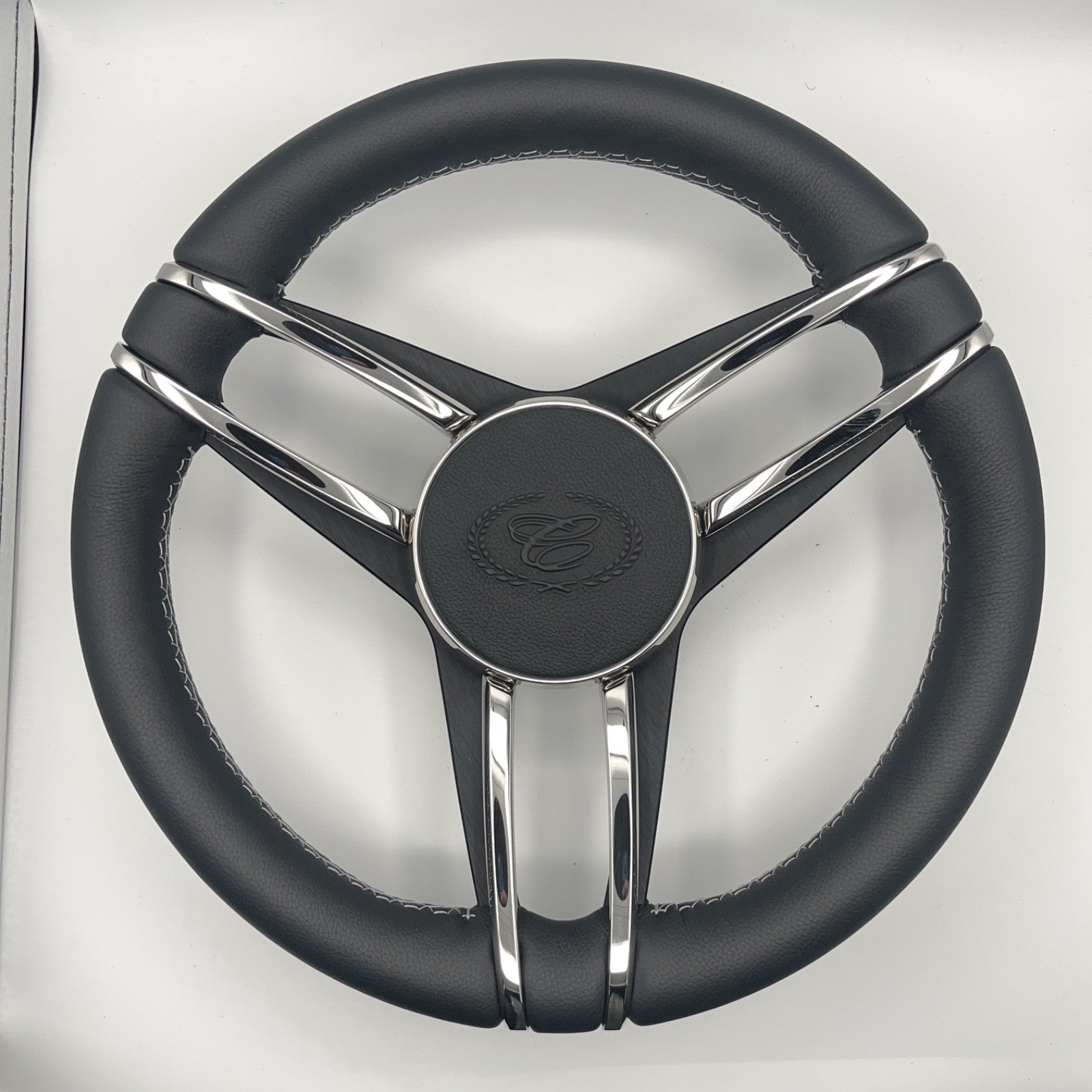 Cobalt Boat Steering Wheel Stainless Steel Spoke Leather Rim | Cobalt Boats Logo