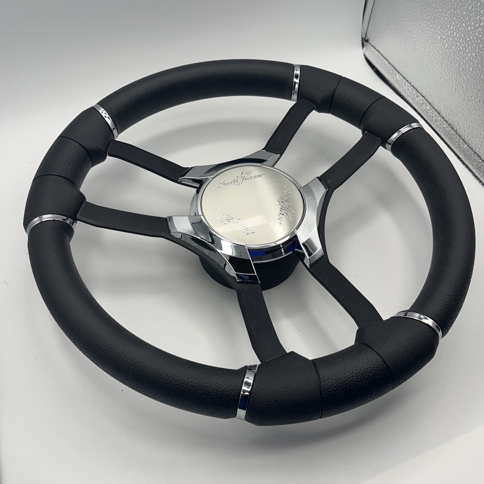 Malera Boat Steering Wheel Black Aluminum Spokes | Chrome-Style Sunchaser Logo