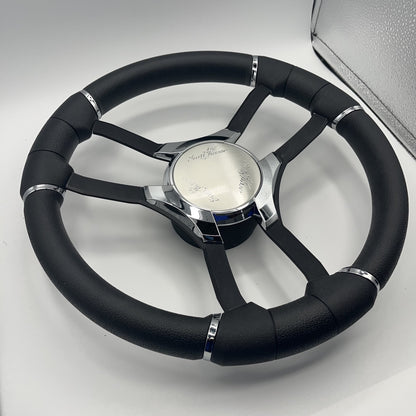 Malera Boat Steering Wheel Black Aluminum Spokes | Chrome-Style Sunchaser Logo