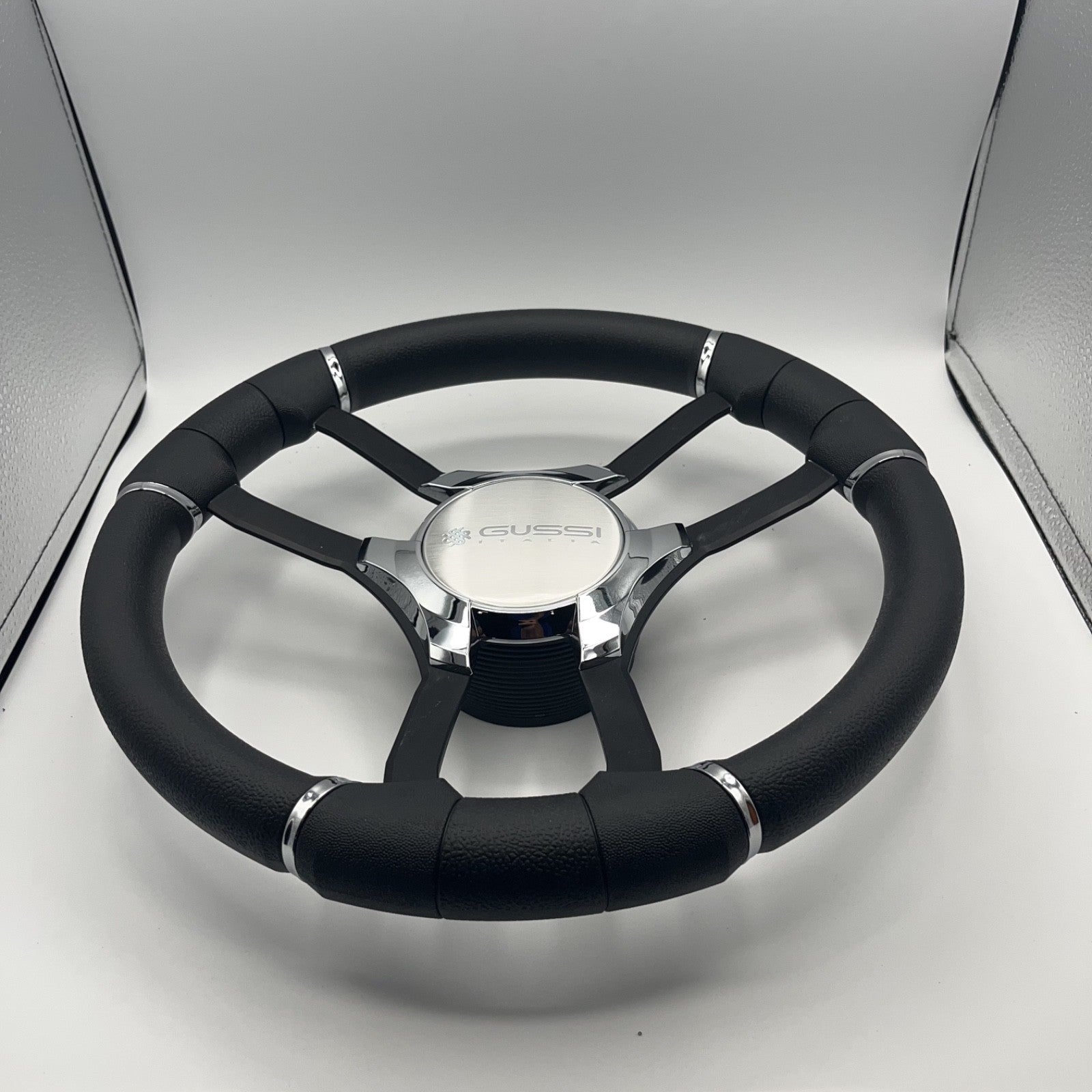 Malera Boat Steering Wheel Black Aluminum Spokes | Gussi Italia Logo