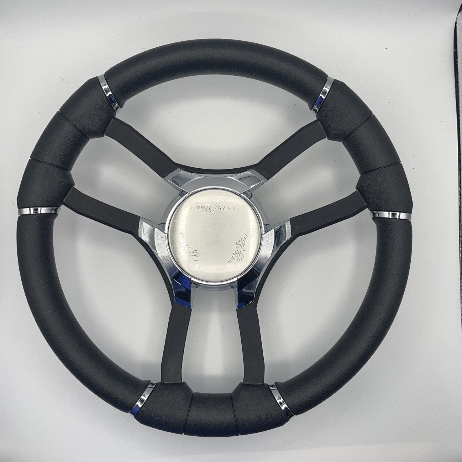 Malera Boat Steering Wheel Black Aluminum Spokes | Chrome-Style Sunchaser Logo