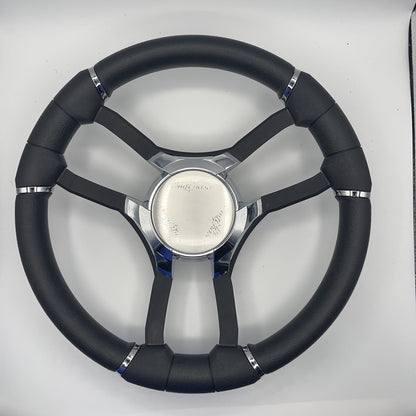 Malera Boat Steering Wheel Black Aluminum Spokes | Chrome-Style Sunchaser Logo