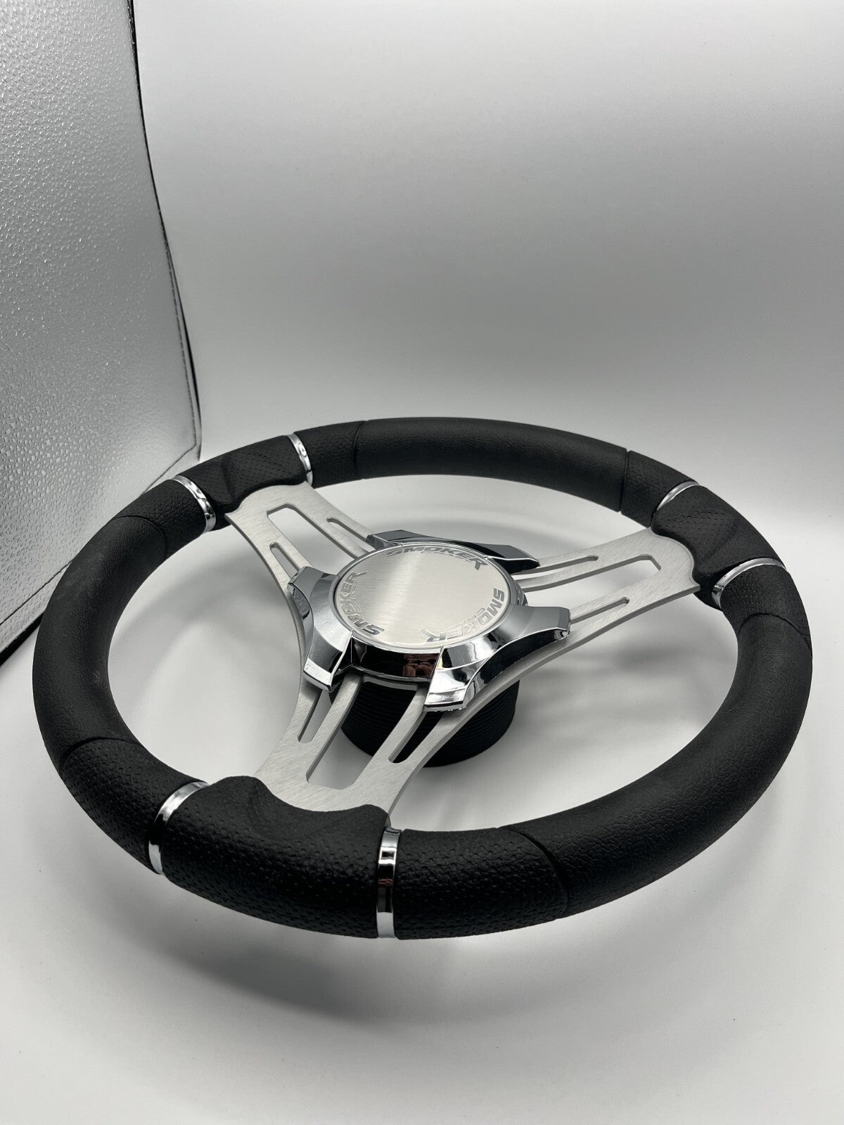 Verona Boat Steering Wheel Gray Brushed Aluminum Spokes | Smoker Logo
