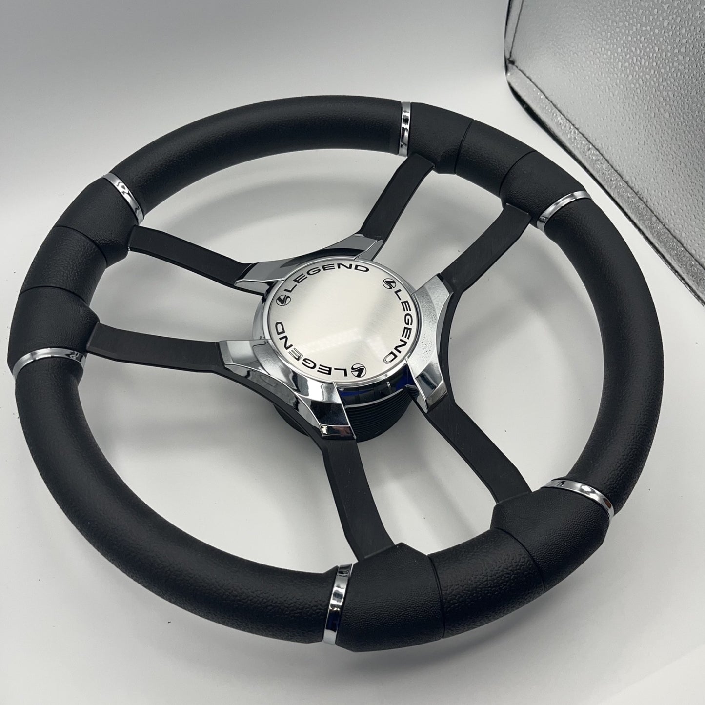 Malera Boat Steering Wheel Black Aluminum Spokes | Chrome-Style Legend Logo