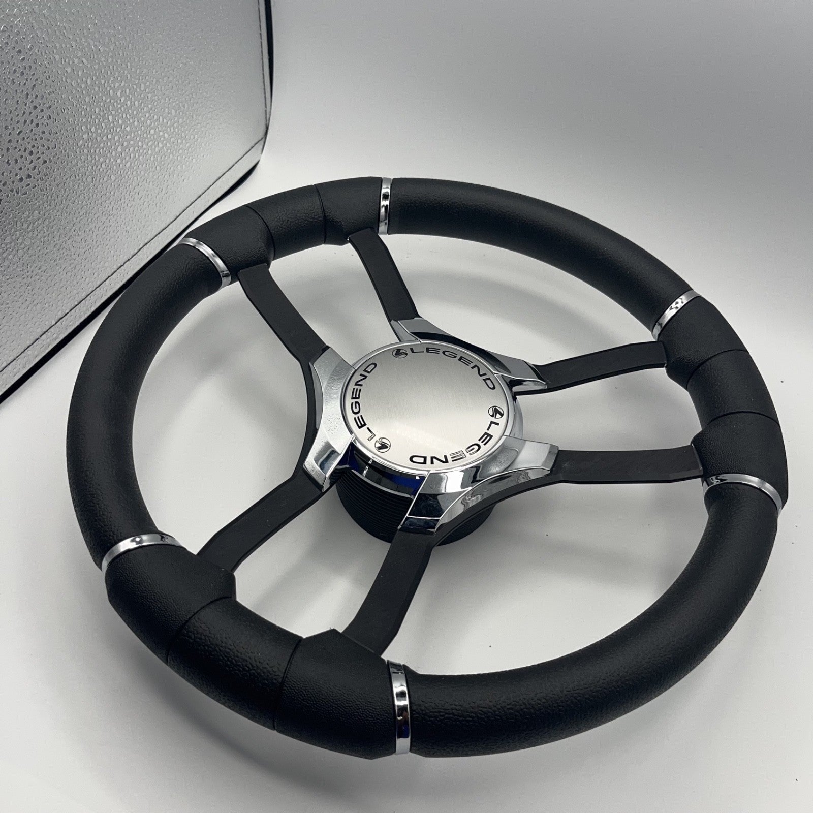 Malera Boat Steering Wheel Black Aluminum Spokes | Chrome-Style Legend Logo