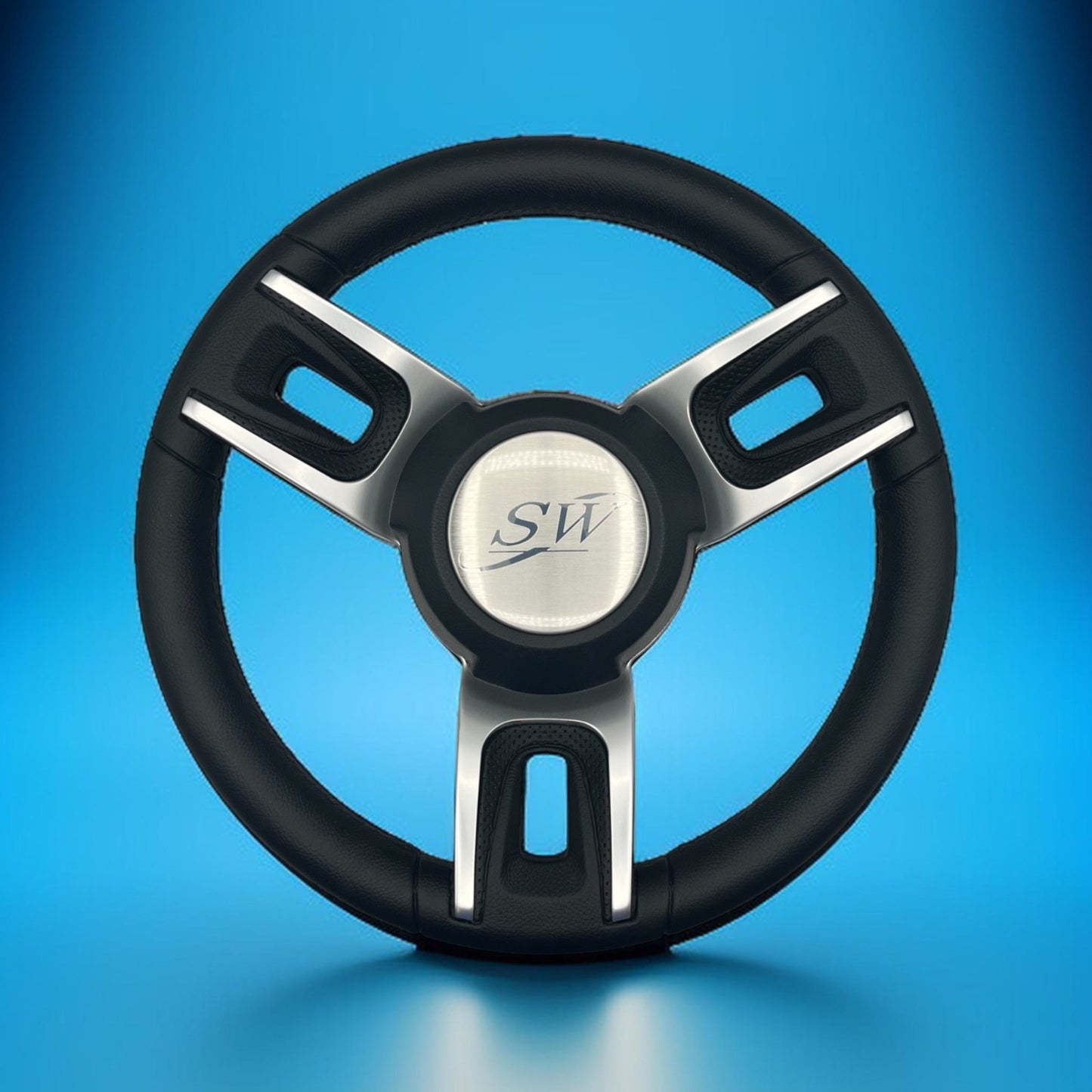 Gussi Italia Black Model 702 Steering Wheel with Keyed Hub | Blue Wave Cap