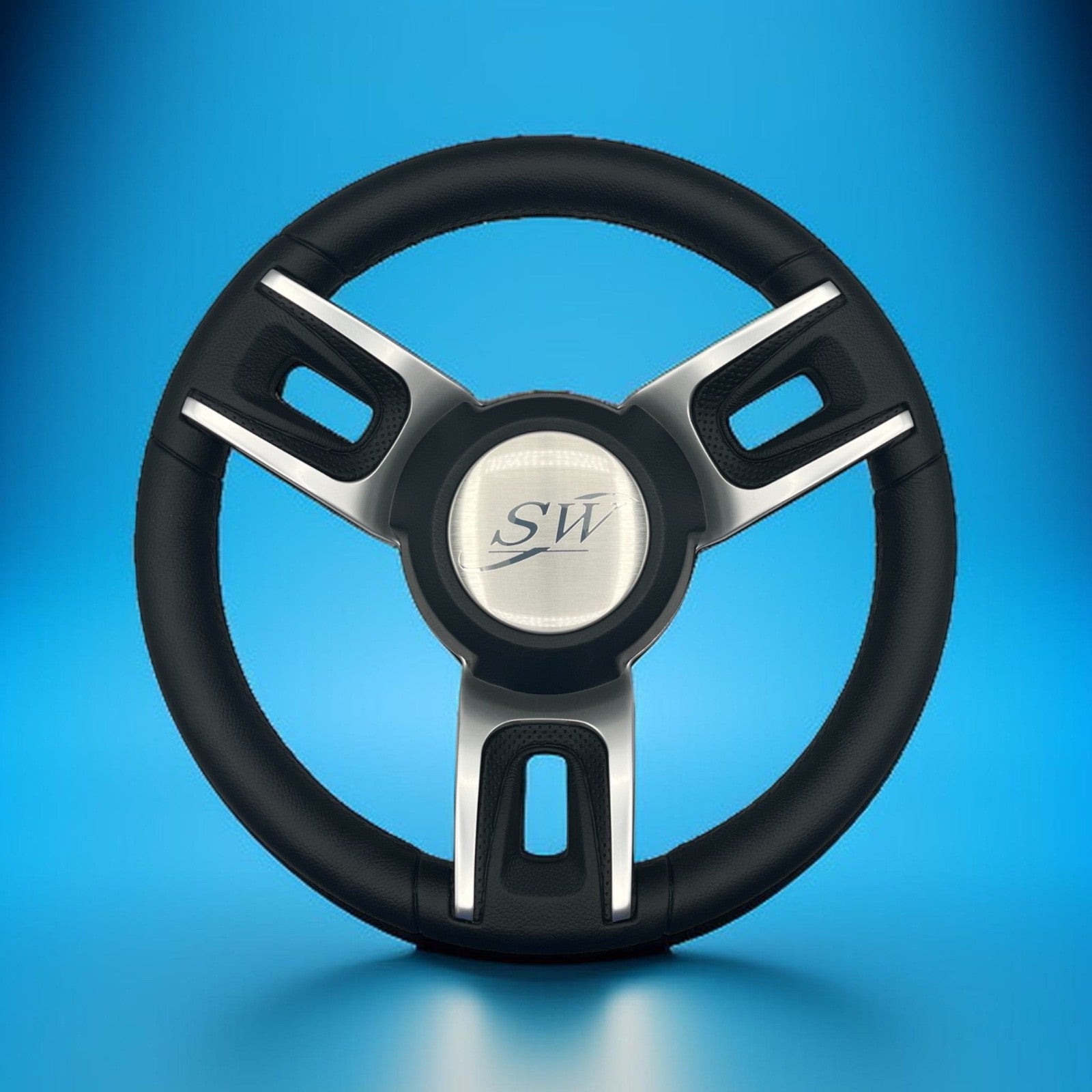 Gussi Italia Black Model 702 Steering Wheel with Keyed Hub | Blue Wave Cap