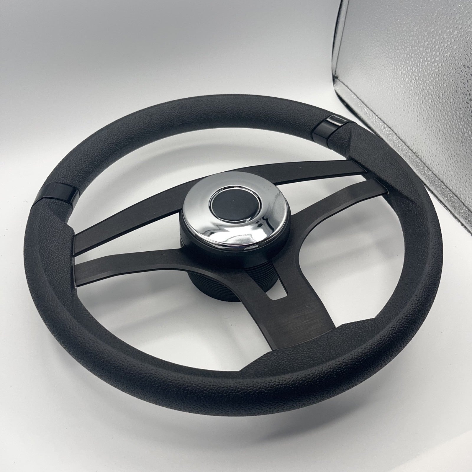 Badia Boat Steering Wheel Brushed Black Aluminum Spokes | Chrome-style Dome