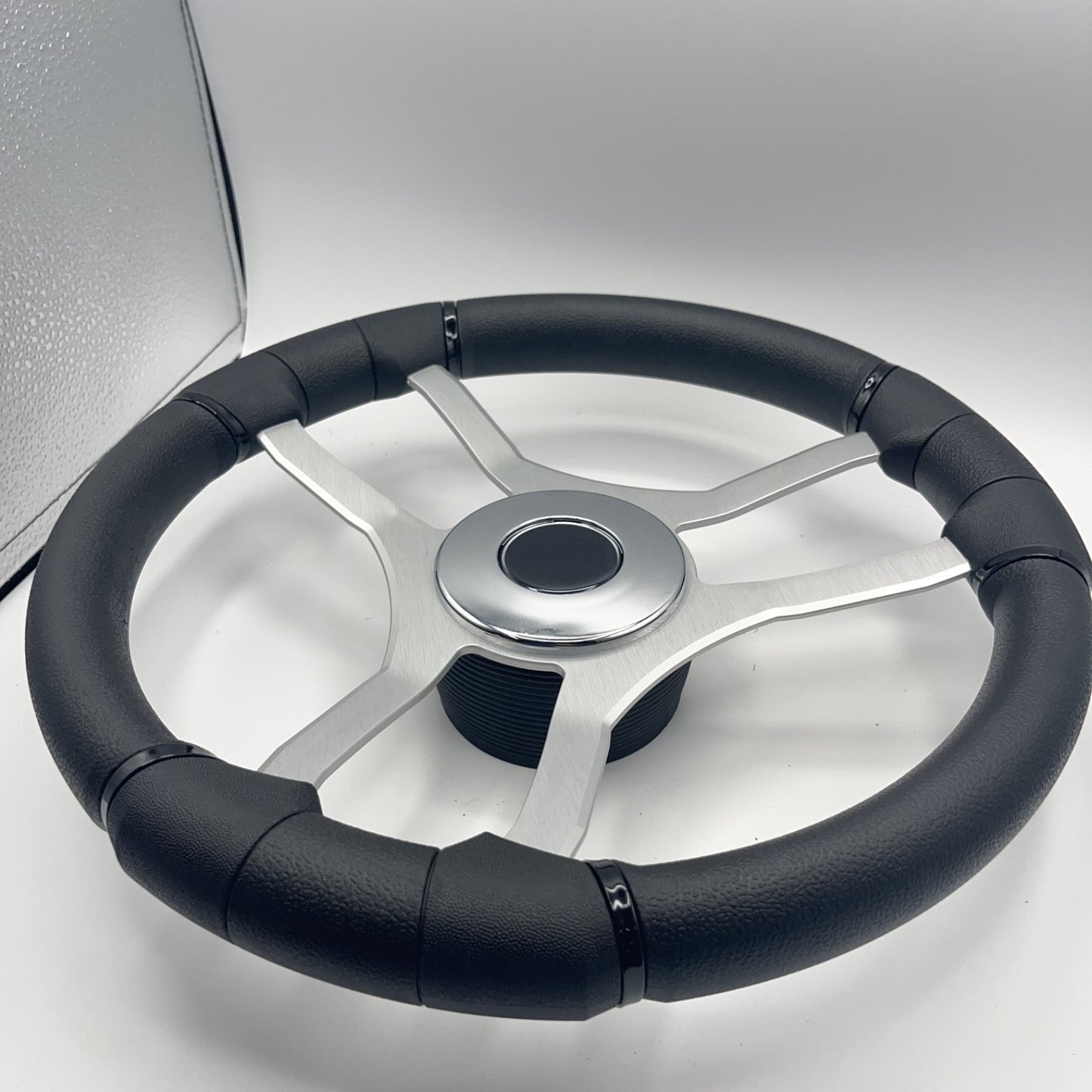 Malera Boat Steering Wheel Brushed Aluminum Spokes | Chrome-style Dome