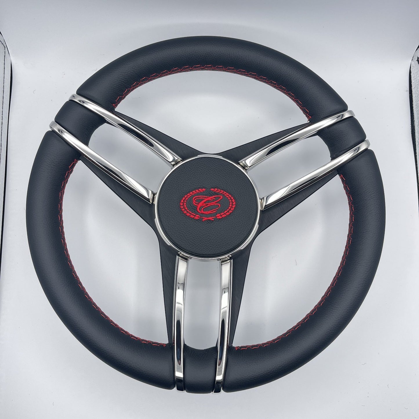 Cobalt Boat Steering Wheel Stainless Steel Spoke Leather Rim | Cobalt Boats Logo