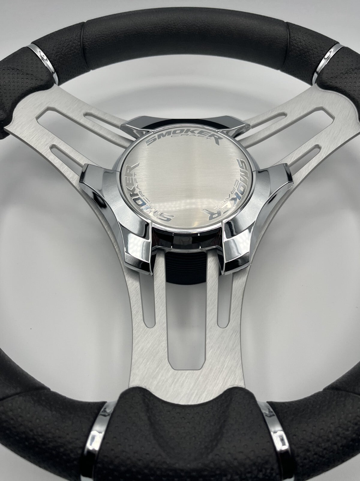 Verona Boat Steering Wheel Gray Brushed Aluminum Spokes | Smoker Logo