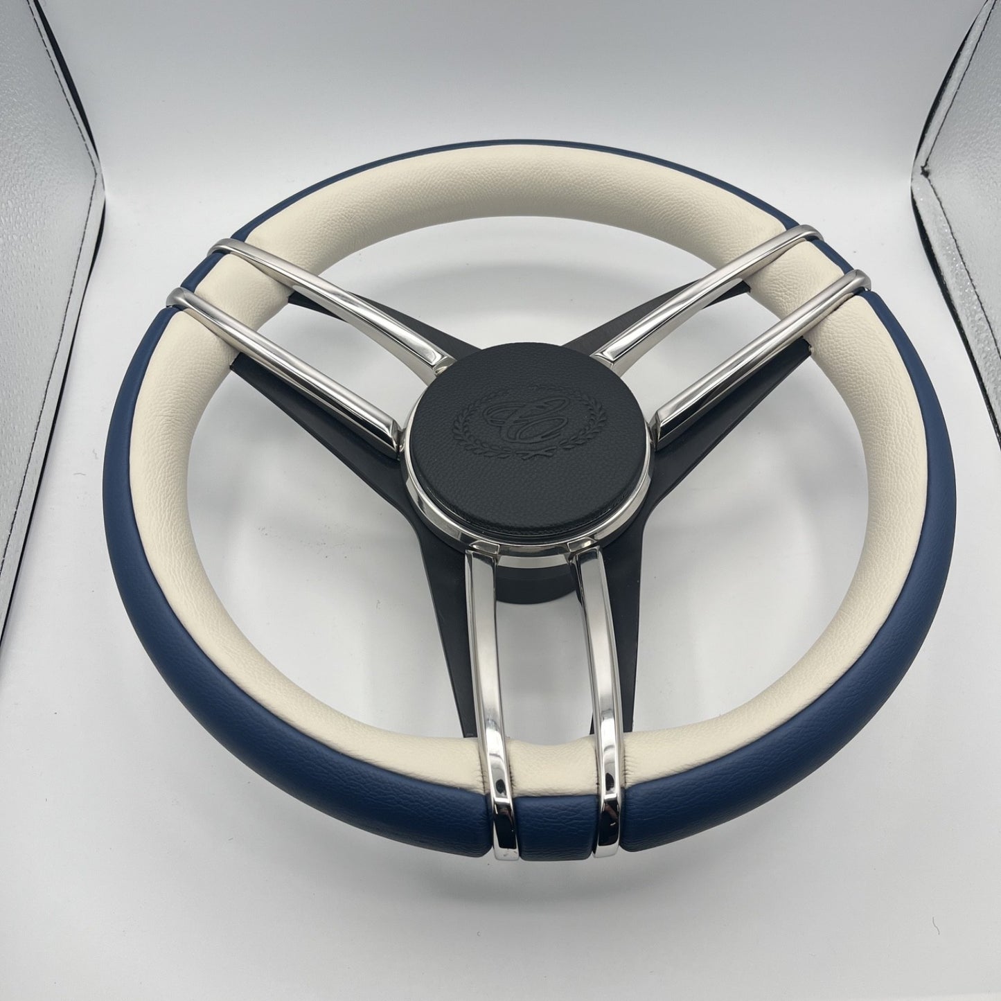 Cobalt Boat Steering Wheel Stainless Steel Spoke Blue Leather Rim | Cobalt Logo