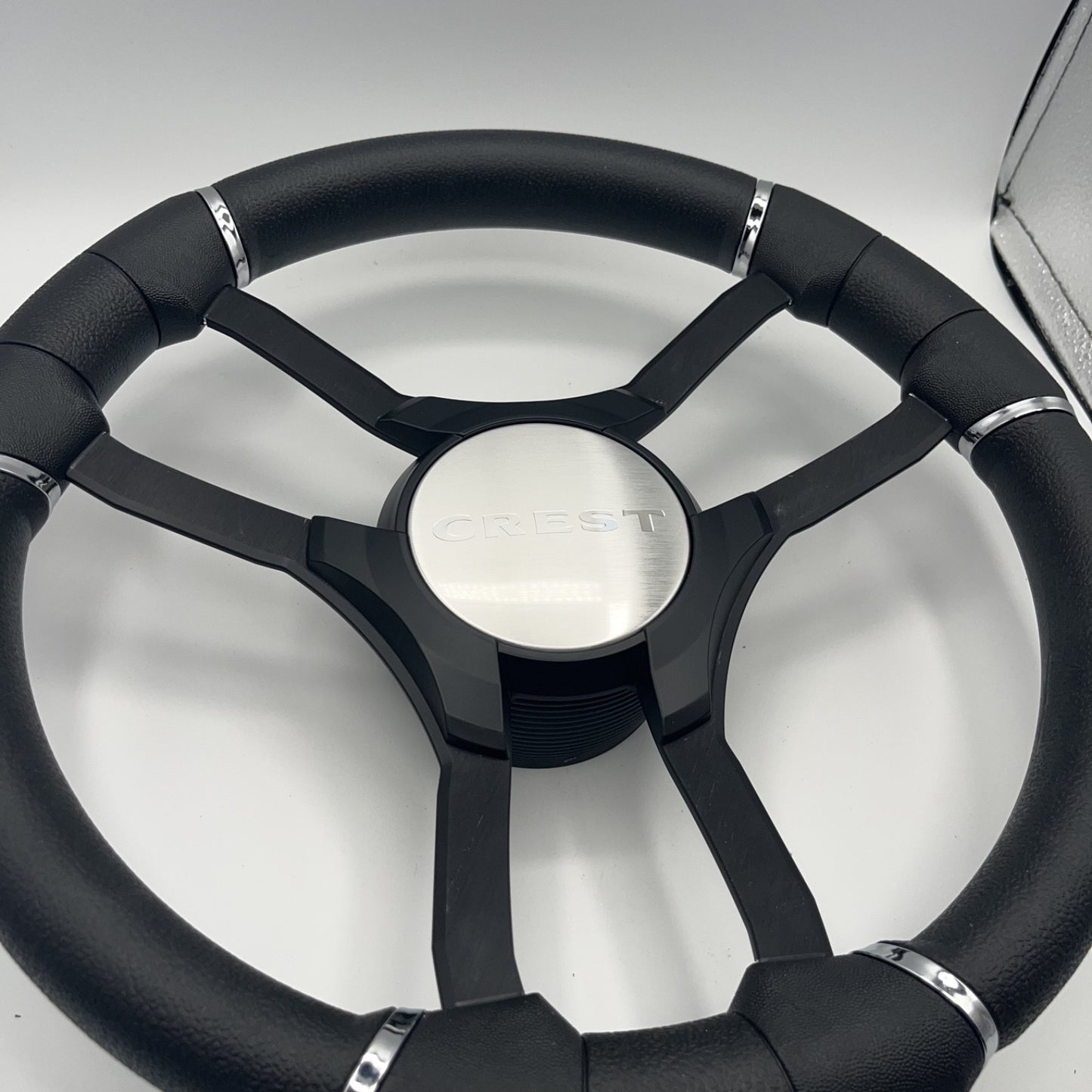 Malera Boat Steering Wheel Black Aluminum Spokes | Black Crest Boats Logo