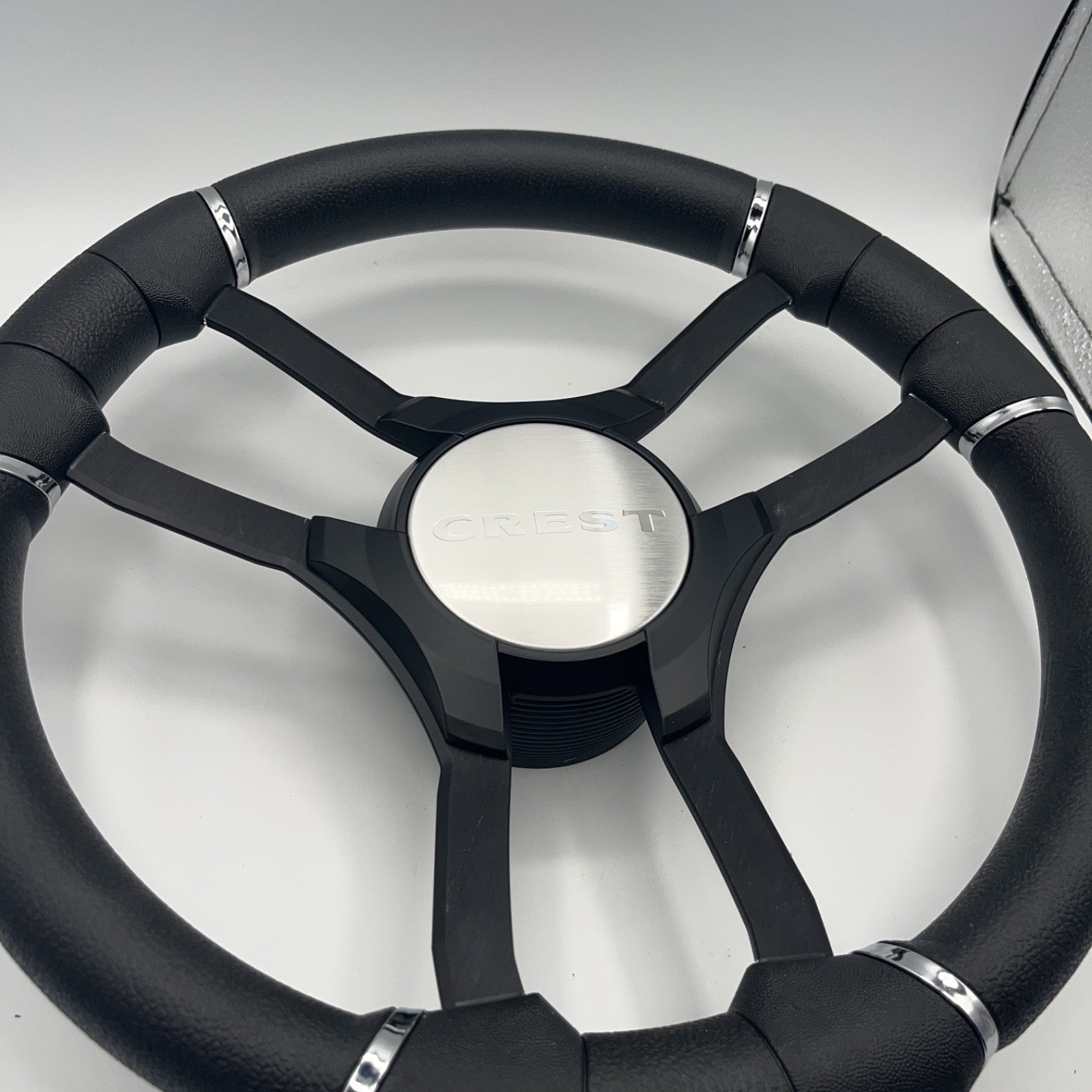 Malera Boat Steering Wheel Black Aluminum Spokes | Black Crest Boats Logo